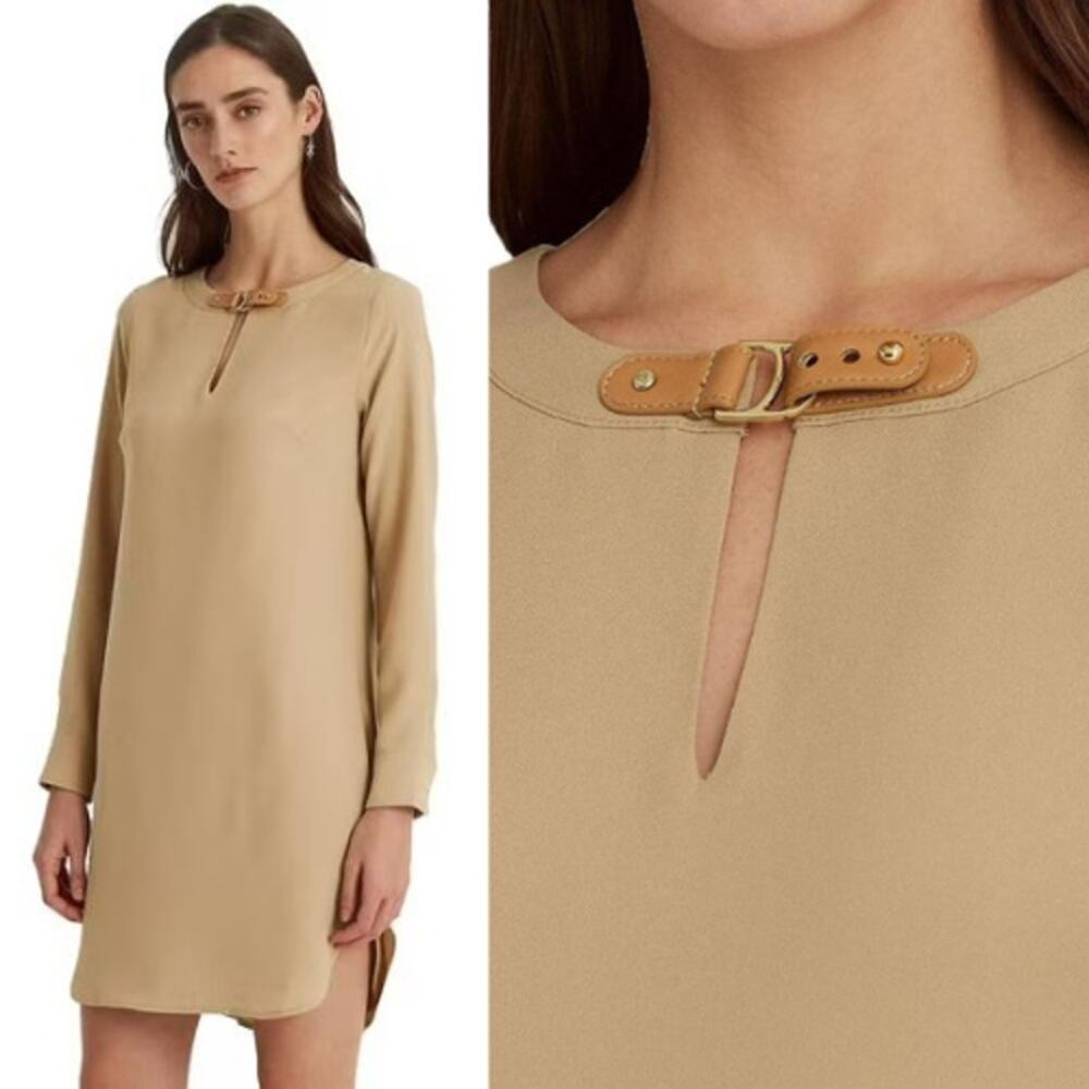 NEW LAUREN Ralph Lauren Buckle Trim Double-Faced Lined Mini Dress Brown Size 2